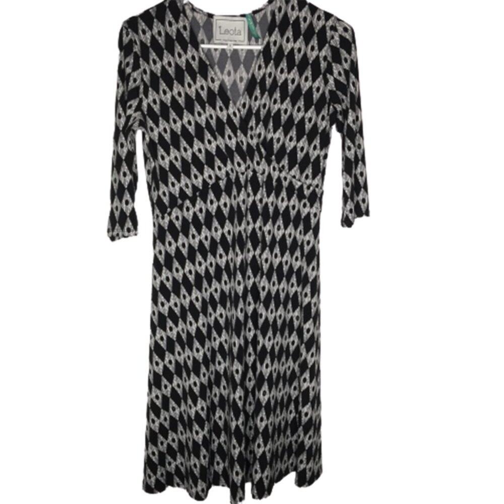 Leota Faux Wrap Dress V-Neck 3/4 Sleeve Above Knee Geometric Black/White Small